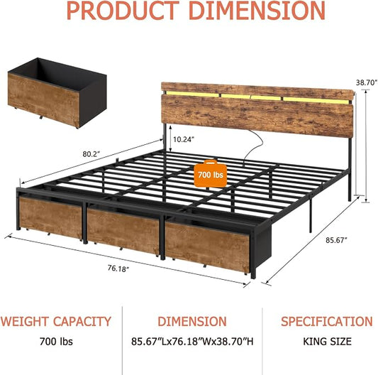 Forestell King Size Bed Frame with Wood Headboard, Metal Platform Bed with 3 Storage Drawers & Shelf, Built-in Charging Station & LED Lights, No Box Spring Needed, Vintage Brown, Camas King
