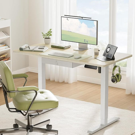 Marsail 48x24 Electric Standing Desk with Drawer, Computer Desk, Sit Stand Office Table with Storage & Hooks & Cable Management, Ergonomic Height Adjustable Table for Home Office, Maple