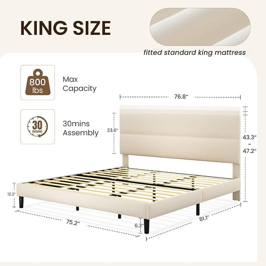 GRUSIGN King Size Platform Bed Frame with Velvet Headboard, Adjustable Height Wooden Slats Support, Upholstered Mattress Foundation, Fits Mattress or Mattress with Box Spring, Easy Assembly, Beige