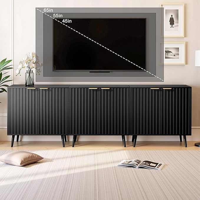 Fluted Storage Cabinet, Buffet Cabinet with Storage, Wood Sideboard with Adjustable Shelf, Modern Accent Cabinet & Console Table for Entryway, Living Room, Dining Room, Black