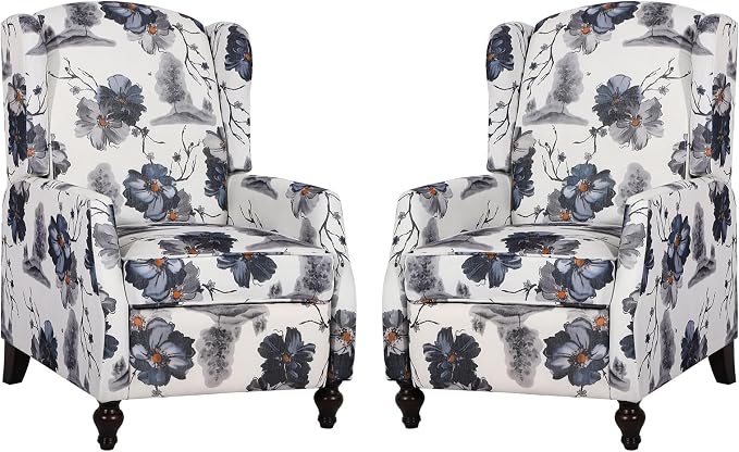 Upholstered Wingback Recliner Chair, Mid Century Modern Manual Push Back Recliner for Living Room, Bedroom (2, Blue Floral)