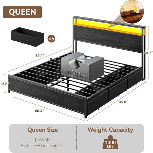 Forestell Queen Bed Frame with Headboard & 6 Drawers, Metal Platform Bed Frame Queen Size with LED Lights & Charging Station, 2 Tier Shelf Storage Bedframe-No Box Spring Needed, Noise Free, Black