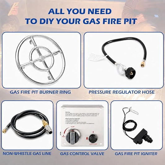 GRISUN Fire Pit Burner Ring Kit 12 Inch, Propane Fire Pit Kits, Come with Propane Fire Pit Hose Kit and Upgraded Gas Control Spark Ignition Kit, DIY Round Gas Fire Pit Kit, Stainless Steel