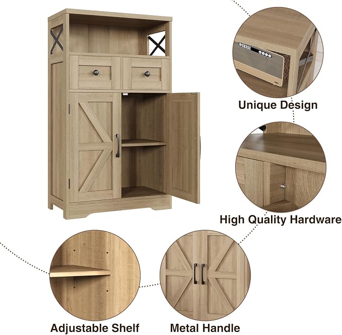 Befrases Natural Wood Storage Cabinet with Drawers and Shelves, Standing Kitchen Pantry Cabinet, Floor Storage Cabinet Hutch Cupboard, Coffee Bar Station for Dining Living Room Home Office