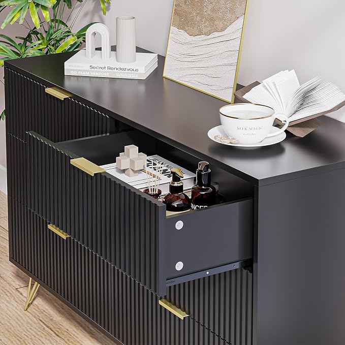 MAISONARIA Black Dresser for Bedroom, Modern Dresser with Gold Metal Handles & Chests of Drawers, Wood Chest of Drawers for Bedroom