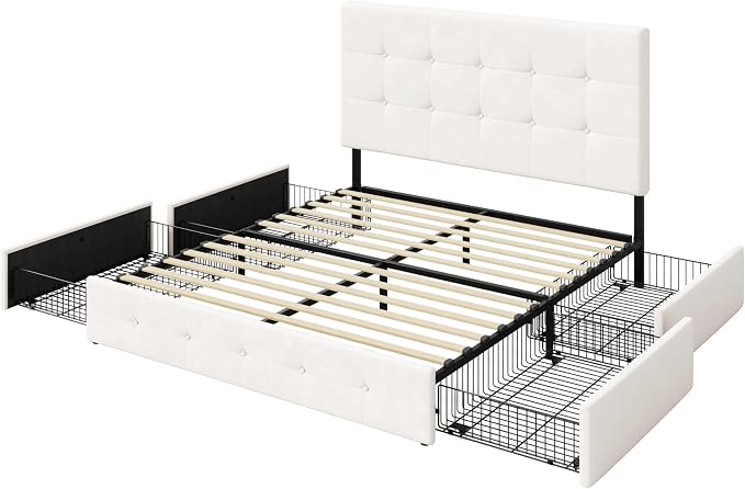 Allewie Upholstered Queen Size Platform Bed Frame with 4 Storage Drawers and Adjustable Headboard, Square Button Tufted, Wooden Slats Support, Noise-Free, No Box Spring Needed, Easy Assembly, White
