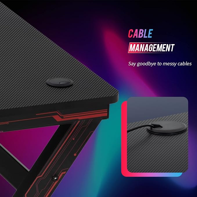 BestOffice | 47" Gaming Desk | Red | Carbon Fiber Textured Computer Desk | Sturdy Steel Frame, Cup Holder, Headphone Hook, Cable Management Holes, Adjustable Leg Pads | for Gamers, Home, Office