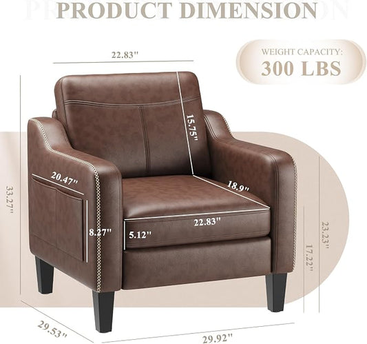 MALOL PU Leather Accent Chair, Mid-Century Modern Living Room Armchair Sofa with Removable Cushions, Solid Wood Frame & Stitched Armrest Design, Bedroom Chair with Plastic Legs, Chocolate Brown