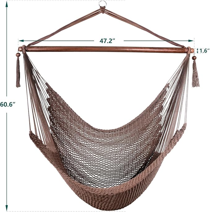 Caribbean Hammock Swing Chair with Spreader Bar, Large Hammock Chair, Hand Craft Rope Hanging Chair Outdoor, Indoor, Bedroom, 330 LBS Weight Capacity, Dark Brown