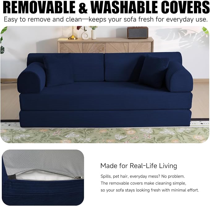 79" Corduroy Sofa Bed, Boneless Couch in a Box with 2 Pillows, High-Density Foam 4-in-1 Foldable Sleeper Futon Loveseat for Small Spaces, No Assembly, Side Pockets, Round Arm Blue