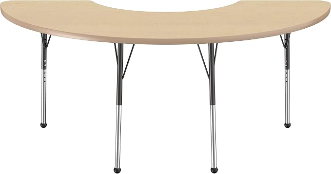 FDP Half Moon Activity School and Office Table (36 x 72 inch), Standard Legs with Ball Glides for Collaborative Seating Environments, Adjustable Height 19-30 inches - Maple Top and Maple Edge