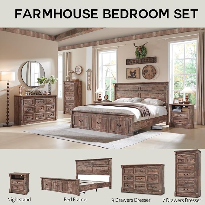 Aitjunz Farmhouse King Size Bed Frame with 51" Tall Headboard, Wood Platform Bed Frame with 20" Tall Roman Column Decoration Footboard & 3 Large Storage Drawers, No Box Spring Needed (Light Brown)