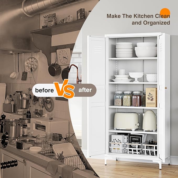 Yizosh Metal Storage Cabinet with 2 Doors and 4 Adjustable Shelves - 61" White Kitchen Pantry Storage 5-Tier Tall Steel Cabinets Locker for Kitchen, Living Room, Dining Room