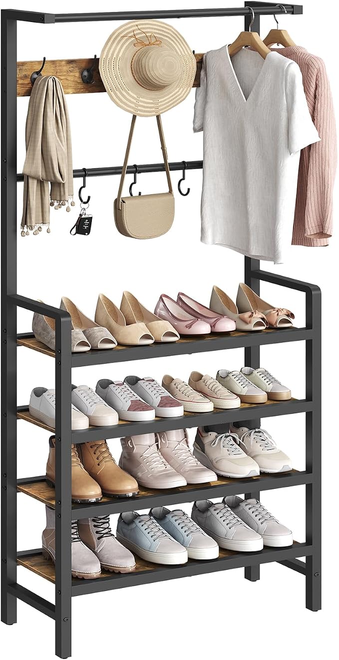 YATINEY Hall Tree, Coat and Shoe Rack, Entryway Coat Rack with 4-Tier Wooden Shoe Rack and 10 Hooks, Freestanding Hall Tree with Shoe Storage for Entryway, Hallway, Rustic Brown and Black MT09BR