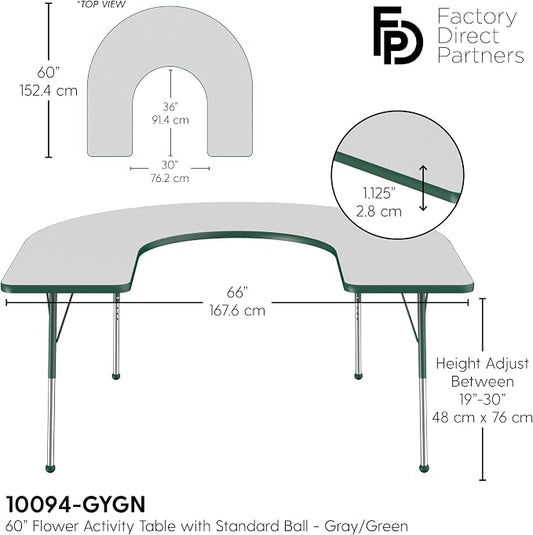 FDP Horseshoe Activity School and Office Table (60 x 66 inch), Standard Legs with Ball Glides for Collaborative Seating Environments, Adjustable Height 19-30 inches - Gray Top and Green Edge