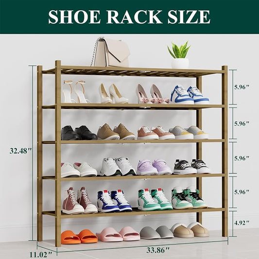Smiry Long Bamboo Shoe Rack, 5 Tier Free Standing Wooden Shoe Organizer, Stackable Wood Shoe Storage Shelf for Closet, Entryway, 14 Vertical Slats, 2+2+1 Stack Thicker Legs, 33.7"x11"x32.5", Walnut