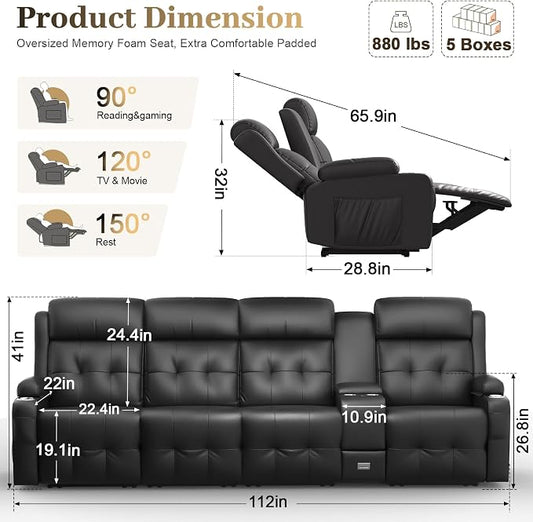 Recliner Sofa, Massage Reclining Sofa 4 Seater Sets Heavy Weight Capacity, RV Loveseat Couch Clearance with Console, USB, Type C Port, Storage, Cup Holders, Wall Hugger Chair for Living Room