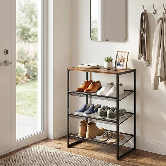 Shoe Rack for Entryway,4 Tier Shoe Shelf,Sturdy Shoe Storage Organizer,Boot Rack with a Fine Mesh Shelves,for Living Room, Hallway,Small Space,11.8 x 16.5 x 27.9 Inches,Brown