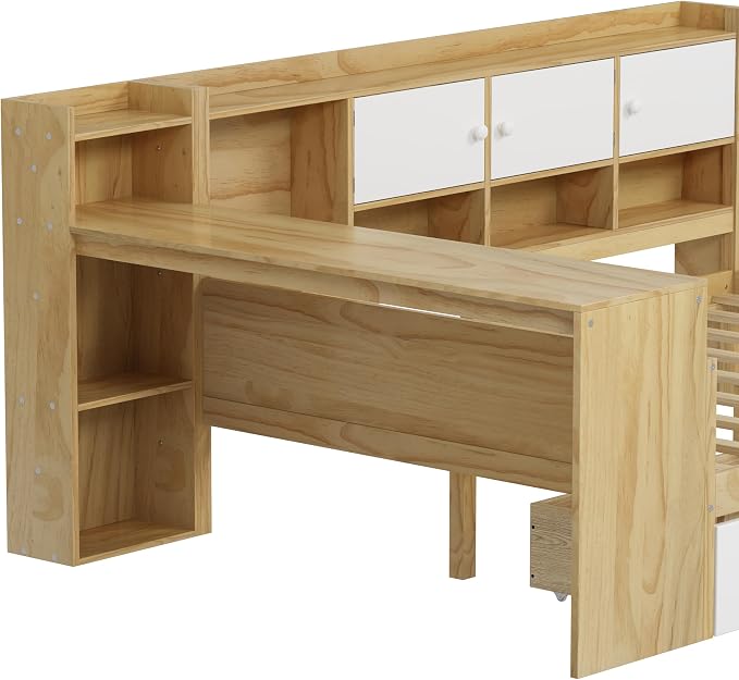 Bellemave Twin Corner Bed Frame, Twin Size Corner Beds with Storage Cabinets and Desk, Wood Daybed with Bookcase and Drawers, Natural+White