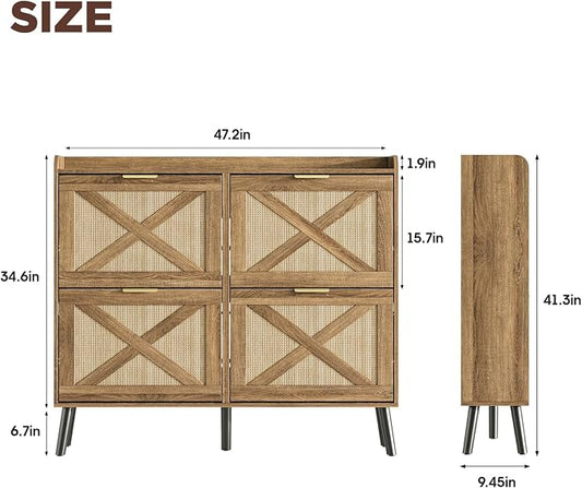 Maupvit Large Shoe Storage Cabinet with 4 Flip Drawers, Narrow Shoe Cabinet for Entryway with Wooden Legs, Freestanding Hidden Shoe Rack Organizer & Metal Hinges, Rustic Oak Rattan