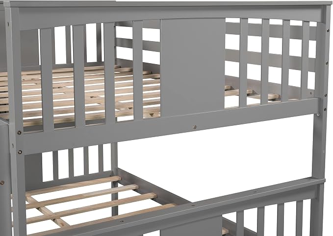 Merax Full-Over-Full Bunk Bed with Twin Trundle, Solid Wood Bunk Bed Frame with Guardrail and Removable Ladder, Can be Separated into 2 Beds, Grey