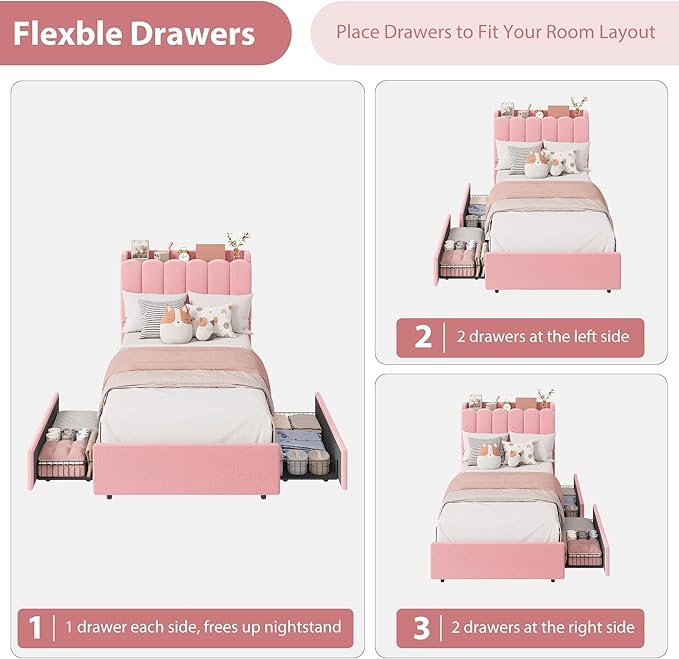 Garvee LED Twin Size Bed Frame with Storage Headboard, Kids Bed Frame with 2 Drawers, Boucle Upholstered Platform Bed for Girls, Chic Wavy Headboard with Bookcase, No Box Spring Needed, Pink