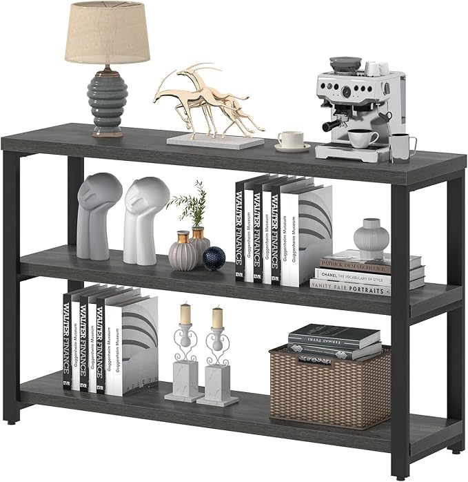 EXCEFUR 47 Inch Rustic Metal and Wood Entryway Table, Console Table Behind Couch with 3 Tier Storage Shelves, Sofa Table for Living Room Hallway Foyer, Industrial Grey