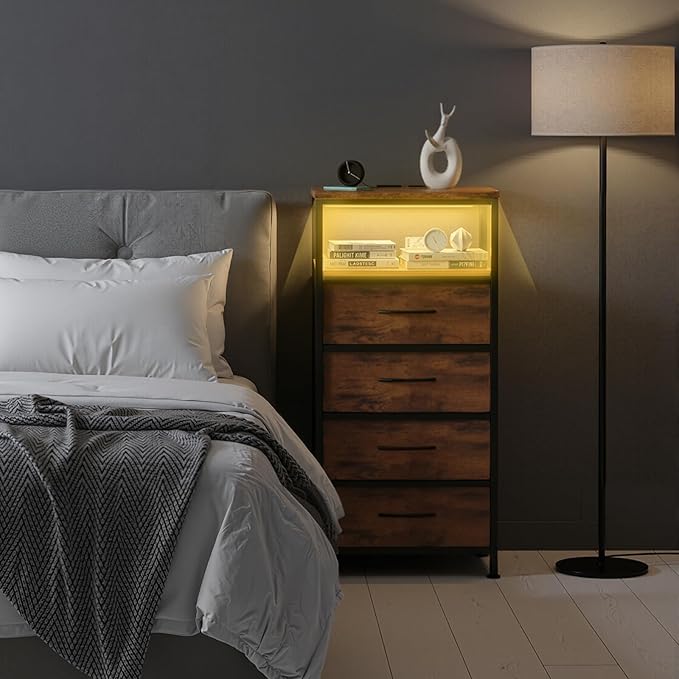 Sweetcrispy Nightstand with Charging Station, Bedside End Table with 4 Fabric Drawers, USB & Type-C Ports with AC Outlets, Adjustable Feet & Dimmable LED Light Strip, Modern Bedroom Furniture, Brown