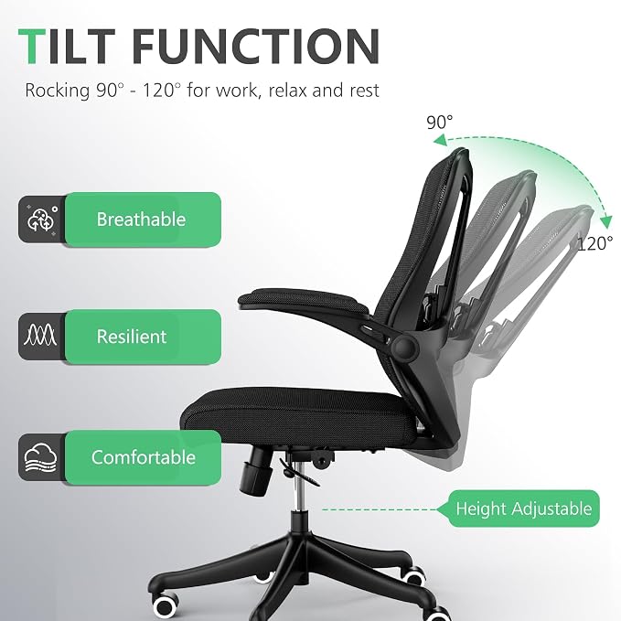 300 LBS Ergonomic Office Computer Mesh Chair - Adjustable Height Rolling Desk Chair with Flip-Up Armrests & High Back Support - Comfortable Swivel Task Chair for Home Office