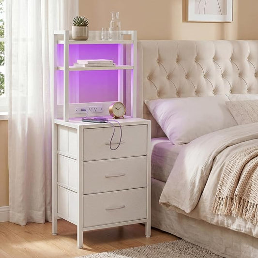 Fixwal Tall Nightstand with Charging Station, 41 Inch Led Night Stand with U-S-B Port & Socket, 3 PU Finished Fabric Storage Drawers, Office, Bed Side Table & Bookshelf in One, White