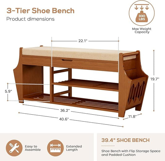 oakvivo 39.4in Shoe Bench with 2 Side Holder, 3 Tier Bamboo Entryway Bench with Storage, Shoe Rack Bench Organizer with Cushion for Entryway Hallway Living Room, Holds up to 330lbs