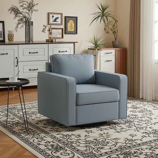 Aoiy & Wifon 33.6" W Swivel Accent Chair, Mid Century Modern Swivel Chair for Living Room, Comfy Small Accent Chair, PU Leather, Blue
