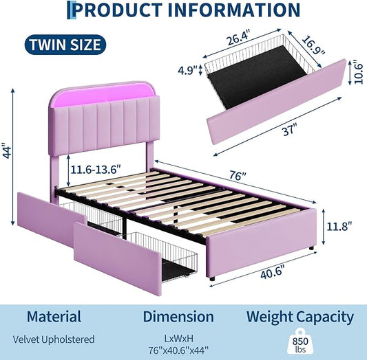 Garvee Twin Size Bed Frame with 2 Flexible Drawers, Upholstered Platform Bed Frame with Bookcase Headboard and LED Lights, Kids Bed for Girls, Easy Assembly, Noise Free, Purple