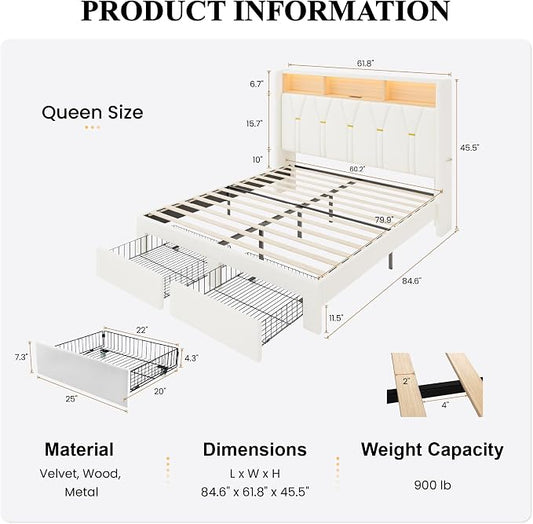 SHA CERLIN Queen Velvet Platform Bed Frame with 2 Storage Drawers, LED Storage Headboard with Charging Station, Upholstered Wingback Headboard, Noise-Free, No Box Spring Needed, Easy Assembly, White