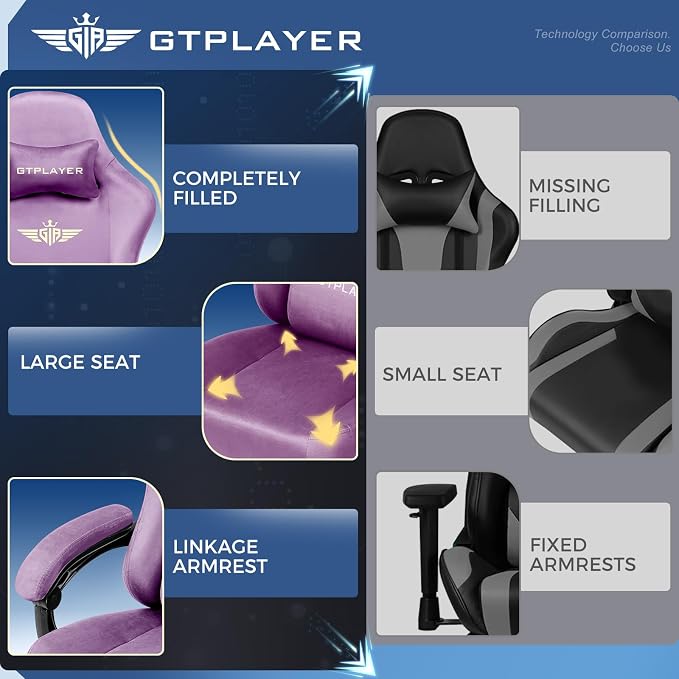 GTPLAYER Gaming Chair Fabric with Pocket Spring Cushion, High Back Ergonomic Computer Chair with Footrest for Adults Lumbar Support Swivel Game Chair for Office Gaming 350LBS, Light Purple