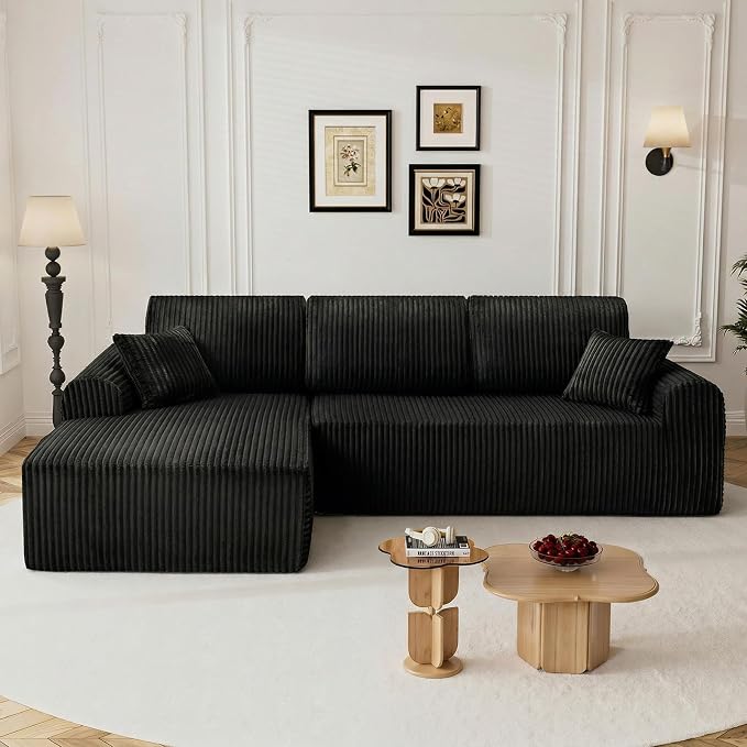 110" L Shaped Boneless Sectional Couches for Living Room, Comfy Corduroy Floor Cloud Sofa with Chaise, Wide Armrest, Deep Seat, Memory Foam, Assembly Free, Ideal for Small Spaces, Black