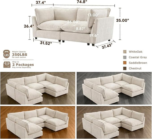 Iroomy Modular Sectional Sofa, Oversized Chenille Cloud Couch, Deep Comfy Seat, 2-Seater Sofas Couches for Living Room, Beige, High Feet
