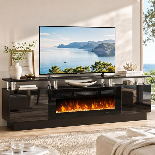 70" TV Stand for Living Room, Modern Entertainment Center & Media Console, Fits TVs up to 80", Storage Cabinet with Shelves, 36" Electric Fireplace with LED Flame (All Black)