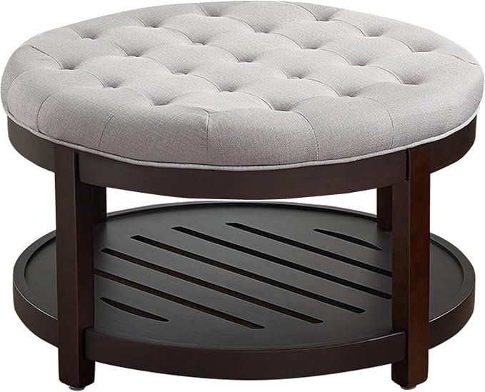 adochr Round Coffee Tables for Living Room,33’’ Storage Ottoman with Wooden Tray, Upholstered Ottoman Footrest Light Grey