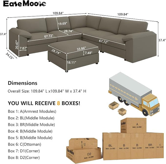 EASE MOOSE Oversized Corner Modular Sectional Sofa with Ottoman, Faux Leather Sectional Sofa with Deep Seat, Scratch Resistant Faux Leather Material, Extra Large L Shaped Couch,Light Grey