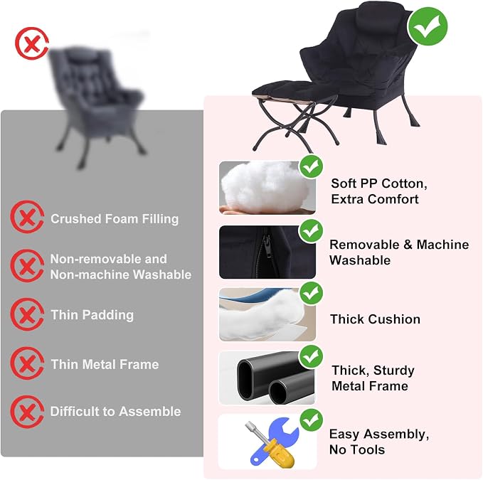 Furlide Lazy Chair with Ottoman, Modern Accent Chair with Armrests and a Side Pocket, Velvet Black Accent Chairs, Reading Chairs, Oversized Armchairs for Bedroom, Study, Living Room, Courtyard