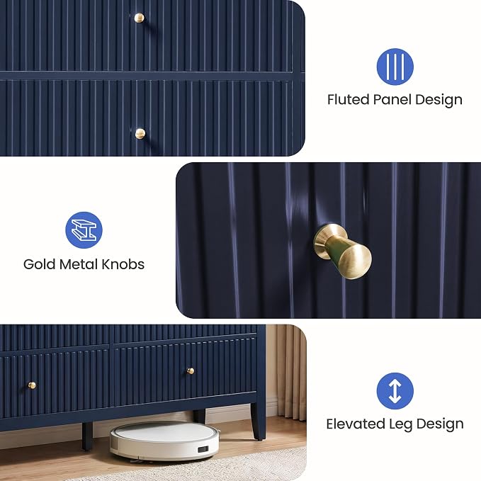 RoyalCraft 6 Drawer Dresser with Lighted Mirror, Blue Fluted Modern Wood Chest of Drawers, Long Dresser for Bedroom Storage