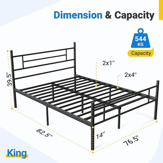 Avenco Metal Platform Bed Frame King Size with Classical Headboard and Footboard, 14 Inch, Under Bed Storage, Strong Metal Slats Support, Mattress Foundation, No Box Spring Needed