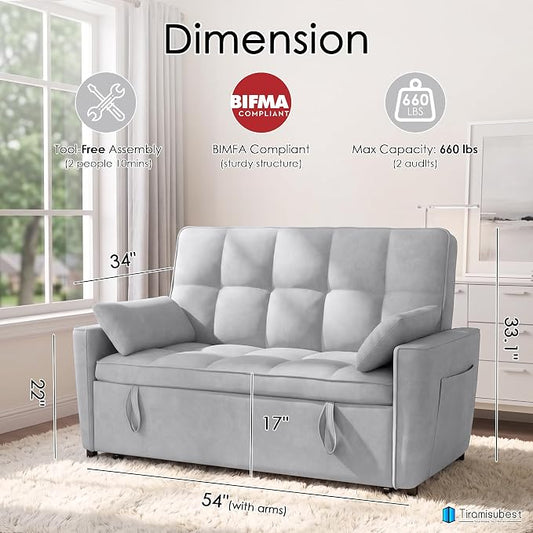 54'' Sleeper Sofa Bed, Convertible Pull Out Couch Futon for for Living Room,Apartment (Ashgrey, Loveseat) Side Pockets, Velvet Fabric, Adjustable Backrest, Pull-Out Bed, Easy Assembly