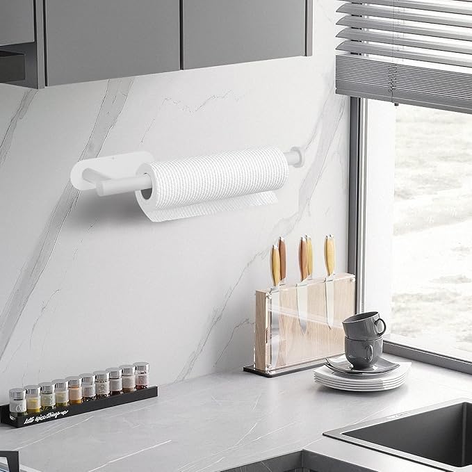 DEKAVA Under Cabinet Wall Mount Paper Towel Holder, Self-Adhesive Bar, Stainless Steel 13 inch (White, 1)