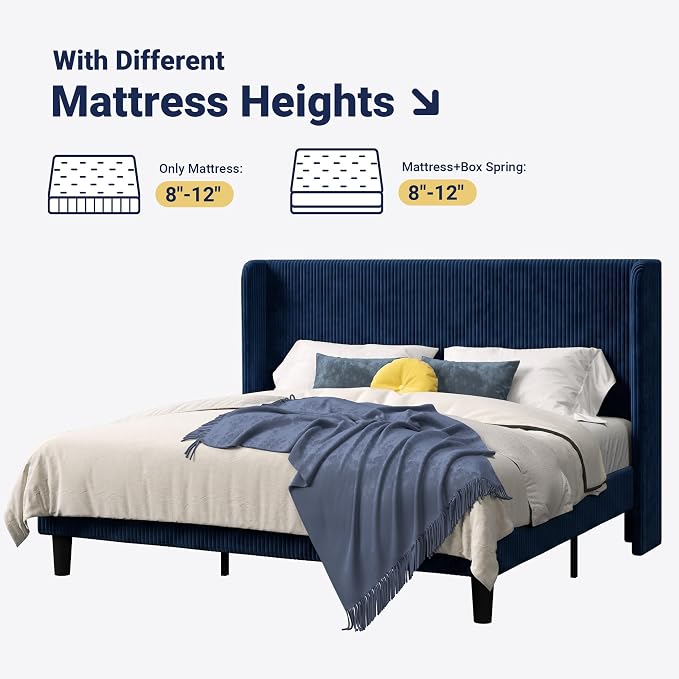 Allewie King Size Bed Frame with Upholstered Wingback Headboard, Vertical Channel Tufted Corduroy Velvet Platform Bed, Strong Wooden Slats Support, No Box Spring Needed, Easy Assembly, Dark Blue