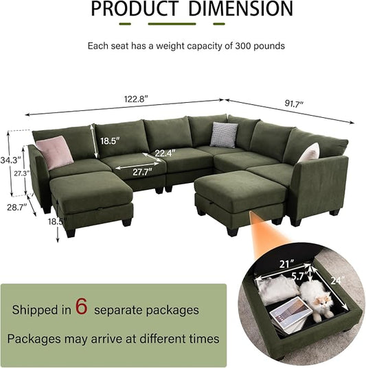 122.8" Large Sectional Couches for Living Room, 6 Seater L Shaped Modular Sectional Sofa with Two Storage Ottomans & USB, Oversized Corner Couch for Living Room(Green)