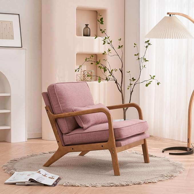 Bonnlo Linen Pink Mid Century Modern Accent Chair, Soild Wood Padding Lounge Armchairs Side Sitting Chairs for Living Room, Bedroom, Guest Room