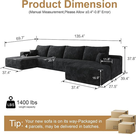 AUGOP 136" Sectional Couches for Living Room Modern Modular Sofa with L-Shape Couchs Upholstered Boneless Couch Deep Seat Sectional Couch with Chaise (Black, Left Facing Chaise+3Seaters+Ottoman)