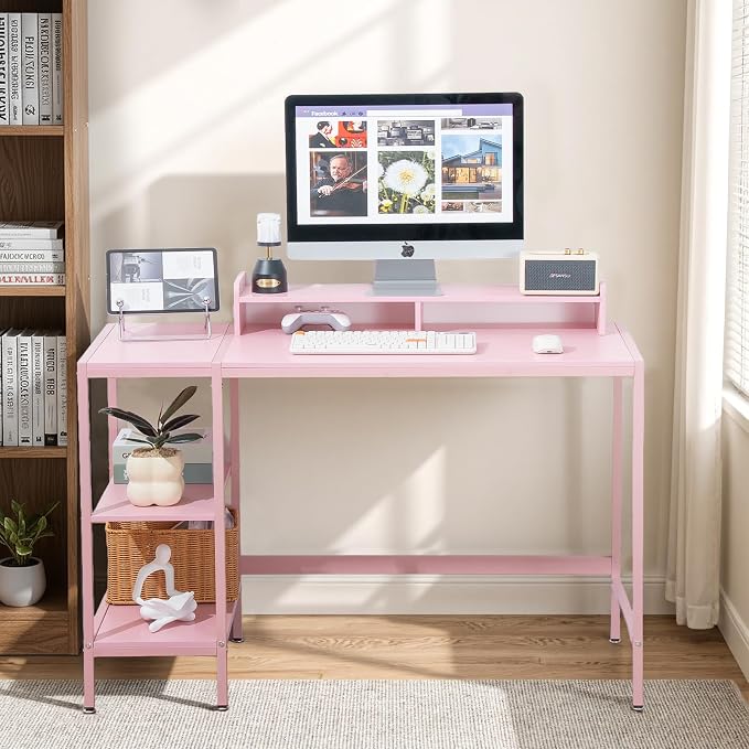 MINOSYS 47-inch Computer Desk with Storage Shelf - Ideal Gaming Desk for Bedrooms, Small Spaces, and Home Offices Modern Writing Desk for PCs,Pink Table.